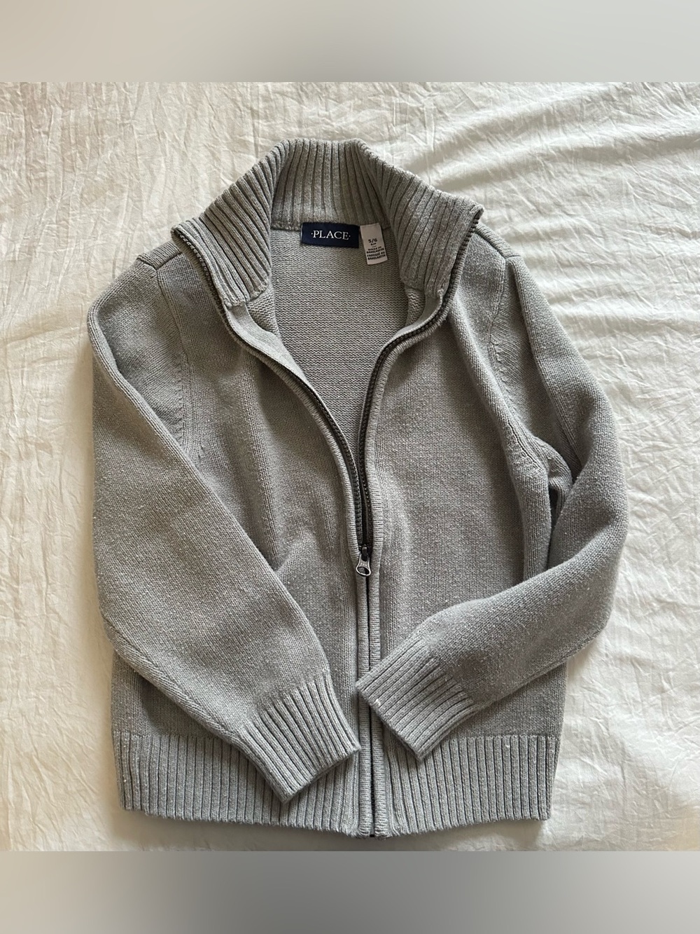 The Children's Place Gray Full-Zip Ribbed Collar Sweater 5/6 Small